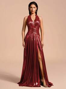 Romantica Women's Solid Color V-Neck Pleated Hem Slit Elegant Formal Dress, Sleeveless - Burgundy - View 3