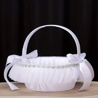 1pc Satin And Lace Flower Girl Baskets For Wedding Ceremonies, Elegant White Flower Baskets With Pyroxene Decorations For Bridal Parties Summer Birthday Gifts Beach Back To School School Supplies Room Decor