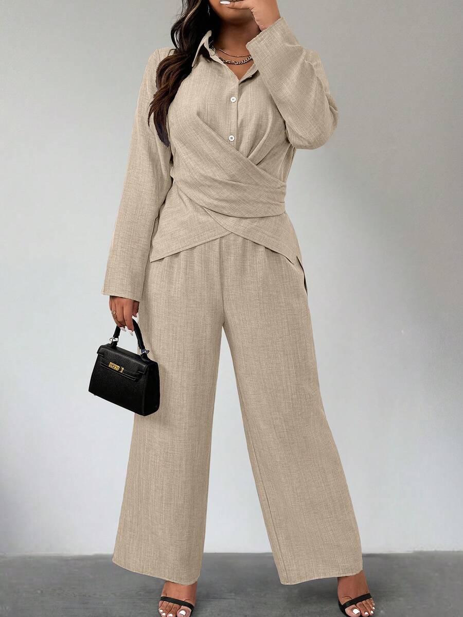 سيت مكون من طبقات قماش الكتان المزيّف للمقاسات الكبيرة - كاكي - مشاهدة 1