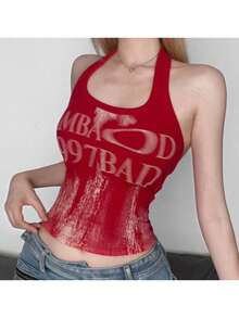 Crop Top Halter Camisole Summer Beach Fashion Sleeveless For Women - 紅色 - 查看 3