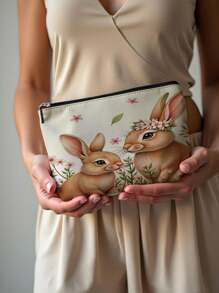 1pc Easter Rabbit Wreath, Butterfly & Letter Linen Print Cosmetic Bag, Cute Travel Makeup Pouch And Multifunctional Coin Purse, Lightweight Gift For Women