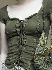 Women Y2K Short Sleeve Crop Tops Summer Retro Lace Trim Tie Front Slim Fit T-Shirt Fairy Grunge Streetwear