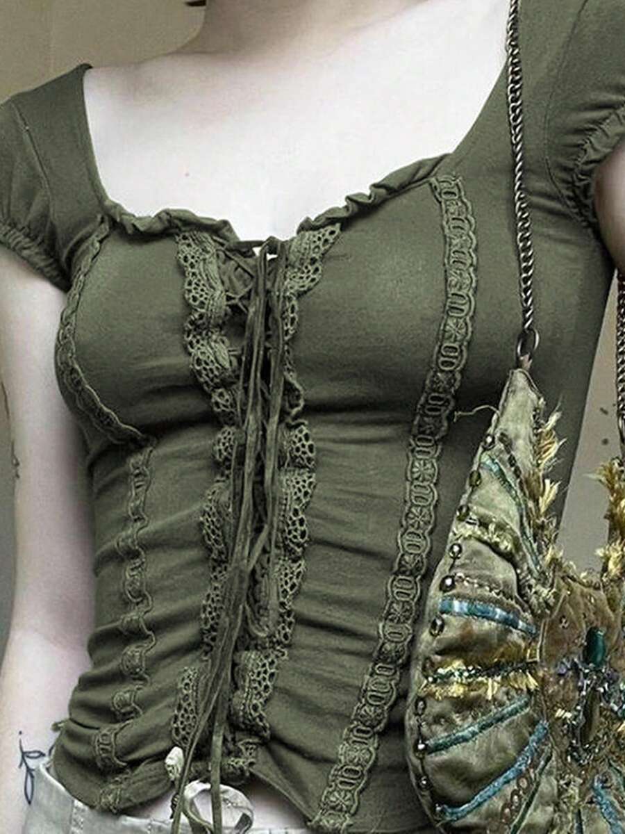 Women Y2K Short Sleeve Crop Tops Summer Retro Lace Trim Tie Front Slim Fit T-Shirt Fairy Grunge Streetwear