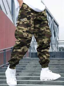 1pc Men's Outdoor Camouflage Print Multi-Pocket Cargo Pants, Casual Loose Fit Drawstring Joggers For Spring/Autumn Hiking, Beach, Daily Commute, Running, Fitness, Cropped Pants - Green - View 1