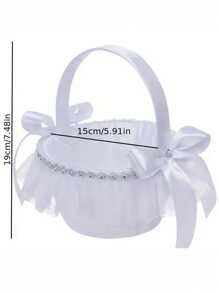 1 pieza Canasto de niña de las flores de satén y encaje para ceremonias de boda, elegantes cestas de flores blancas con decoraciones de piroxeno para fiestas nupciales, regalos de cumpleaños de verano, útiles escolares y decoración de habitaciones