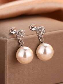 1 Pair S925 Sterling Silver Flower Pearl Drop Earrings, Elegant & Charming Design For Women, Boho Jewelry, Gift For Mother On Mother's Day