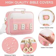 1pc Fashionable Pink Women's Bible Bag With "Bible" Text In Chenille, Adjustable Strap And Inner Pockets - Multipurpose Tote Bag To Store School Supplies, Pens And Electronics,Back To School,Pencil Case,Pencil Pouch,School Bag