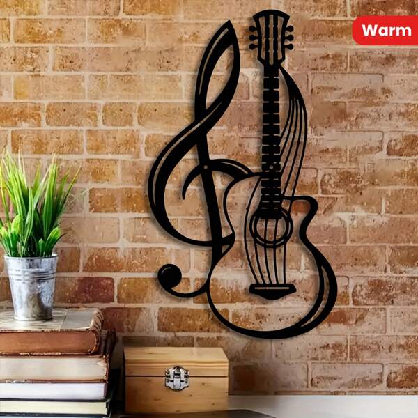 1pc Musical Note & Guitar Metal Wall Artwork, Black Iron Decorative Symbol Suitable For Living Room, Bedroom, Home, And Cafe, Farm Music Themed Wall Hanging, Housewarming Gift Gifts Birthday Graduation