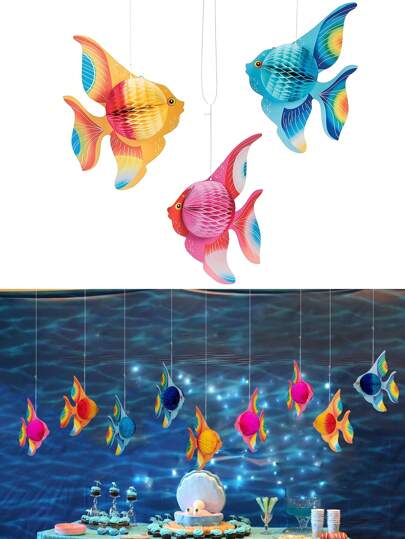 3pcs Ocean Party Decoration Set, Rainbow Honeycomb Fish Hanging Decorations, Indoor And Outdoor Colorful Ocean Style Decorations, Birthday Party Props,Graduation Ceremony Tropical Fish Party Decorations Supplies- Under-The-Sea/Mermaid/Luau/Hawaiian/Birthday Table Centerpiece- Mixed Color Paper Materials