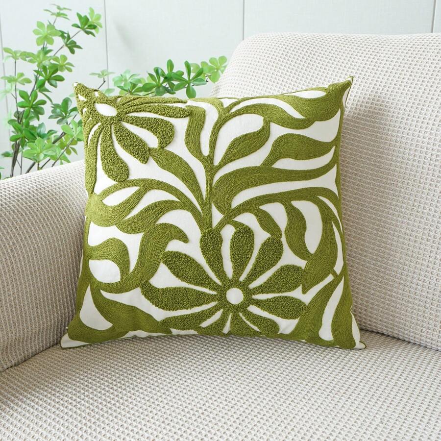 1pc Plant & Floral Embroidered Canvas Throw Pillow Case - Olive Green - View 1