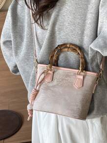 1pc Women's Color Block Chinese Style Bamboo Knot Decor Bucket Handbag, Fashion For Festival, Date, Gift
