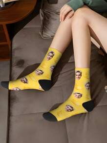 1 Pair Customized 3D Digital Heat Transfer 360° Print Face Pattern Mid-Calf Socks, Pineapple Design, Personalized, Comfortable Breathable Fashion Streetwear Socks, Suitable As Friends & Family, Couple, Holiday, Vacation Gift - Multicolor - View 4