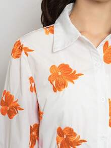 Camisa casual para mujer bordada con flores y manga acampanada de moda - Naranja - Ver 5