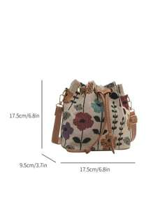 Bolso de tela chino mini nuevo Bolso de hombro de estilo nacional 2025 con caligrafía, bolso de cubo retro estampado para señoras, bolso de moda informal de primavera para señoras, bolso de mano con una cartera rosa de regalo