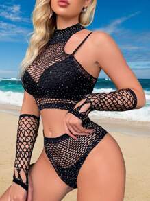 4pcs Set Rhinestone Mesh Sheer Tight Dress, Sexy Long Sleeve Lingerie, See-Through Rhinestone Studded Bodycon Mini Dress, Beach Cover Up - Black - View 1