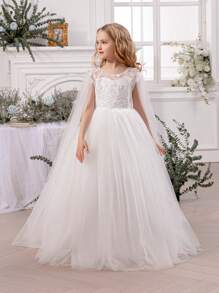 Tween Girl White Elegant Princess Dress With Tulle, Pearl, Lace Trim, Suitable For Girls Dresses, Birthday Party, Prom, Formal Occasion, Holiday Celebration, Flower Girl, Bridesmaid - 白色 - 查看 2