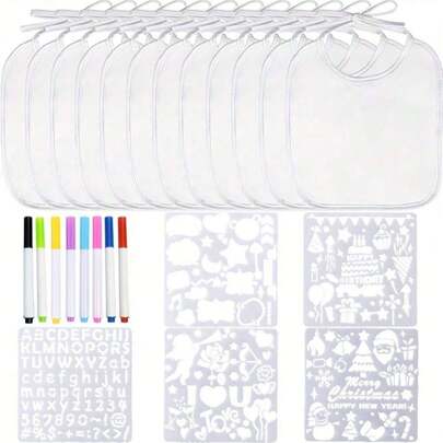 23 件 DIY 围兜装饰套装，婴儿洗礼时大放异彩。10 个围兜、5 个模板、8 个记号笔、派对游戏，简单又有趣，很棒的婴儿洗礼礼物