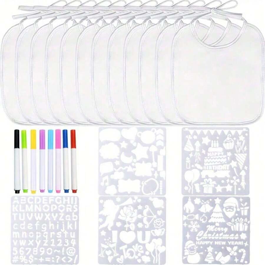 Bộ trang trí yếm 23 món DIY, tỏa sáng tại tiệc mừng em bé chào đời. 10 yếm, 5 mẫu, 8 bút đánh dấu, trò chơi tiệc tùng, đơn giản và vui nhộn, quà tặng tuyệt vời cho tiệc mừng em bé chào đời - trắng - Xem 1