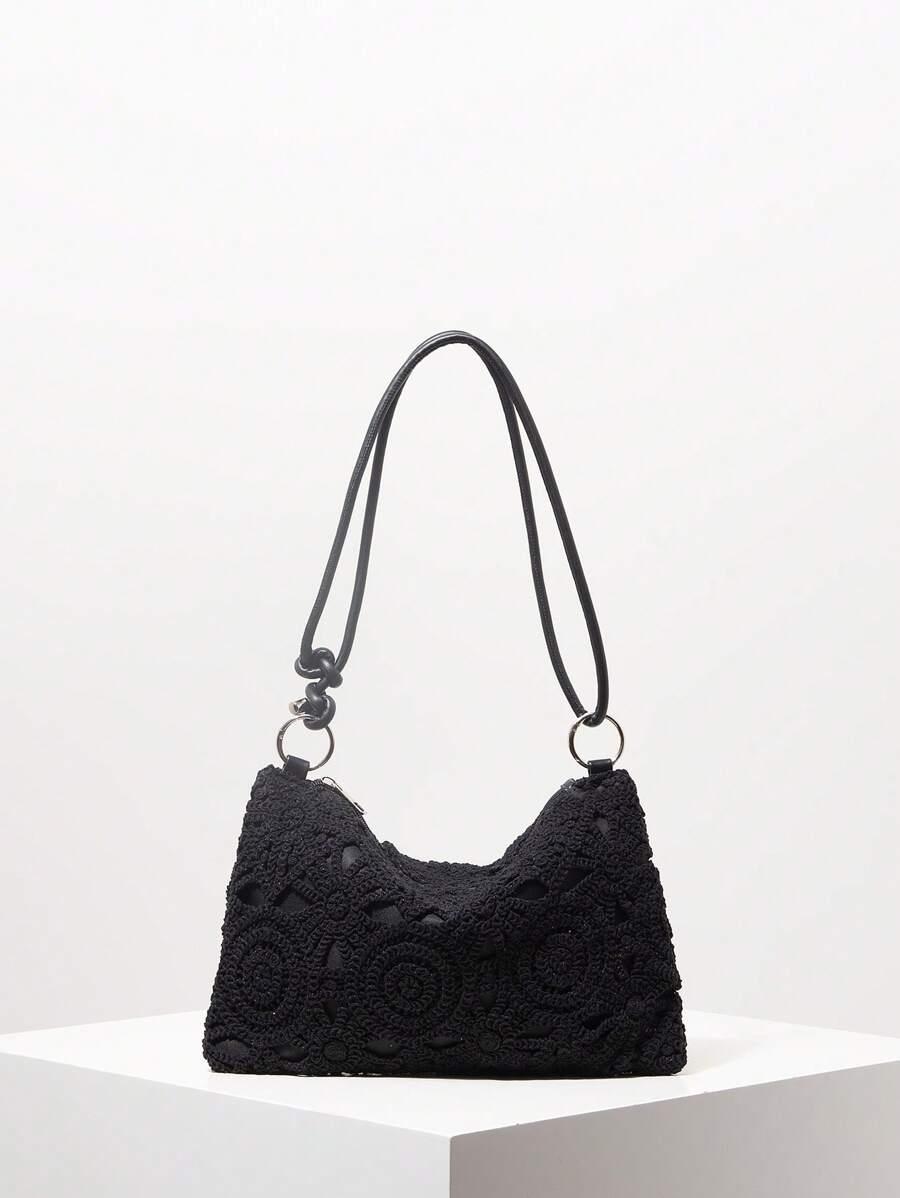 花卉镂空针织编织单肩包、高档晚装手拿包、女士手提包、女士派对礼服、女士波西米亚风沙滩包、婚礼用品、节日必备品（图案随机）