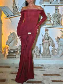 女式金属扣露肩褶饰修身连衣裙，时尚街头风格 - 酒紅色 - 查看 7