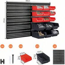 32Pcs Wall Mounted Storage Bins Backboard DIY Stackable Workshop Storage For Tools Hardwares Crafts 64 X 41cm Plastic Bin Panel Rack With Screws For Tool Shed Garage Workshop (Red+Black) - Red+Black - View 2