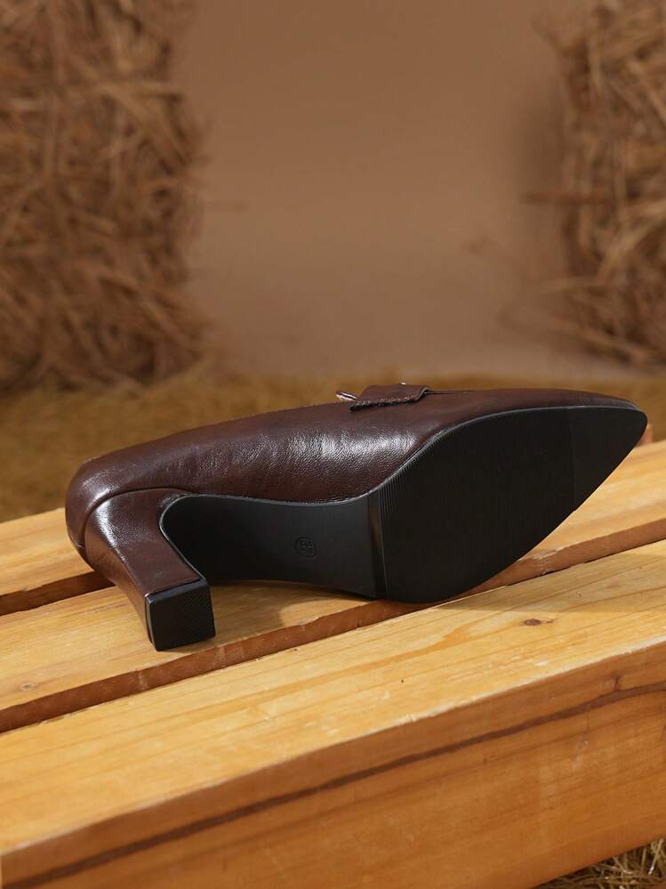 极简主义尖头高跟鞋，新款粗跟专业皮鞋，适合春秋季节工作 - 咖啡棕 - 查看 3