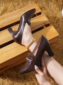 Minimalist Pointed Toe Pumps, New Professional Leather Shoes With Chunky Heels, Versatile For Work Spring/Autumn - Coffee Brown - View 2