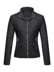 Giolshon Women's Autumn/Winter Faux Leather Jacket, Casual Short PU Motorcycle Jacket - 黑色 - 查看 5