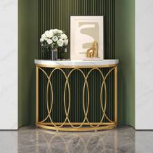 半月形金色控制台桌，43 英寸現代人造大理石入口桌，窄半圓形沙發裝飾桌，帶幾何金屬框架，適用於客廳、走廊，白色和金色 - 白色 - 查看 5