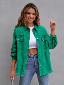 Ladies Single-Breasted Drop Shoulder Long Sleeve Denim Blouse - Dark Green - View 5