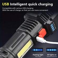 1pc LED Rechargeable Flashlight, Portable Long Lasting Super Bright Outdoor Multi-Function Work Light, Camping Accessories - Black - View 4