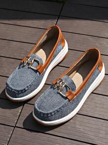 Women Platform Low Top Loafers, Casual Solid Color Round Toe Belt Buckle Moccasin Boat Shoes - Dusty Blue - View 1