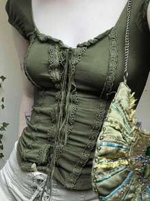 Women Y2K Short Sleeve Crop Tops Summer Retro Lace Trim Tie Front Slim Fit T-Shirt Fairy Grunge Streetwear