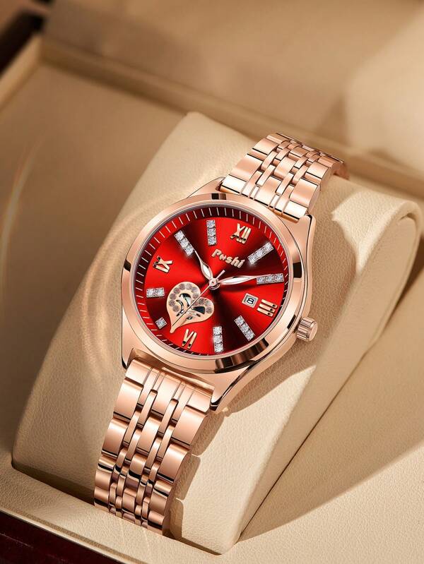 Poshi 1 Pc POSH Elegant Fashion Quartz Women Watch, Minimalist Rhinestone Dial, Alloy Strap, Date Display, Authentic Brand Clock