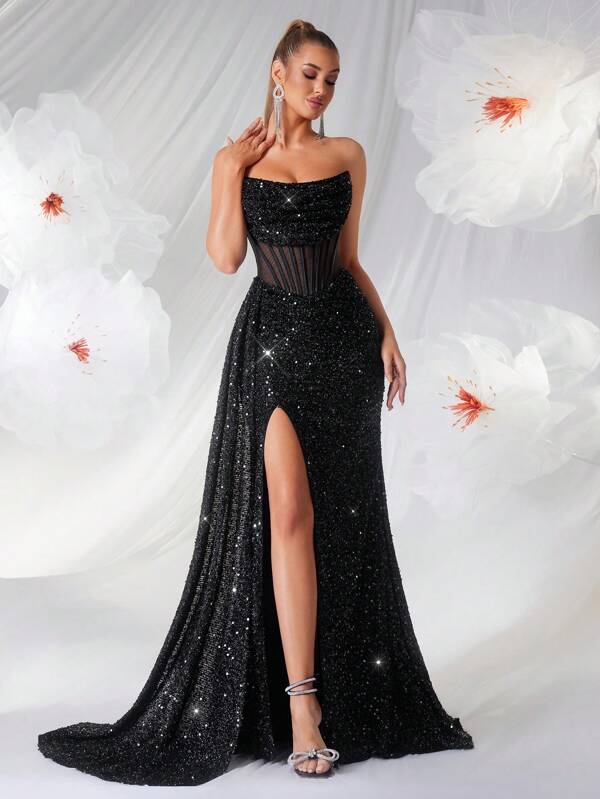 Elisanya Sequin Off Shoulder Hollow-Out Fishbone Prom Dress Ruched High Waist With Ribbon Split Thigh Backless Tie Back Cocktail Party Evening Long Floor Dress, Suit For Wedding Guest, Formal, Graduation And Date Night