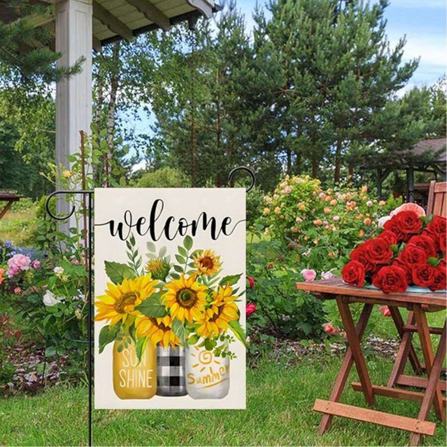 1 件，户外夏季花园旗帜，向日葵欢迎花园旗帜农舍夏季前廊太阳装饰向日葵爱好者，涤纶小户外旗帜，适用于庭院和花园
