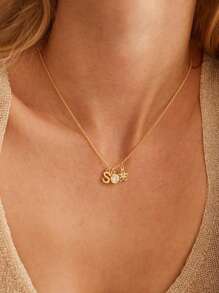 1pc Personalized Customized Flower Initial Birthstone Necklace With Birthflower, Charm Pendent Necklace Gold, Stainless Steel Letter Necklace Birthflower Necklace, Custom Summer Jewelry, Mother's Day Gift,Chic Autumn,Jewelry & Watches,Customized Fashion Word Necklaces - Gold - View 3