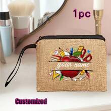 Regalo personalizado para maestros con impresión de nombre personalizado | Conjunto de bolsa de compras reutilizable de lino caqui y yute, y billetera | Detalles en metal negro para la Semana de la Enfermera/Día de la Madre/Apreciación a Maestros | Bolso multiuso para la playa y organizador de viaje