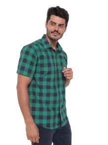 Rand paul Men's Plaid Shirt Casual Slim Fit Short Sleeve With Pockets Imported - 綠色 - 查看 4