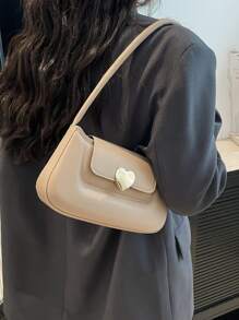 1pc Minimalist Solid Color Magnetic Heart Decor PU Zipper Shoulder Bag, Fashion Women Handbag For Work, Dating, Shopping