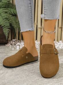 新款夏季女士时尚平底拖鞋，休闲户外复古搭扣拖鞋，沙滩人字拖，家居拖鞋，厚底凉鞋 - 棕色 - 查看 4