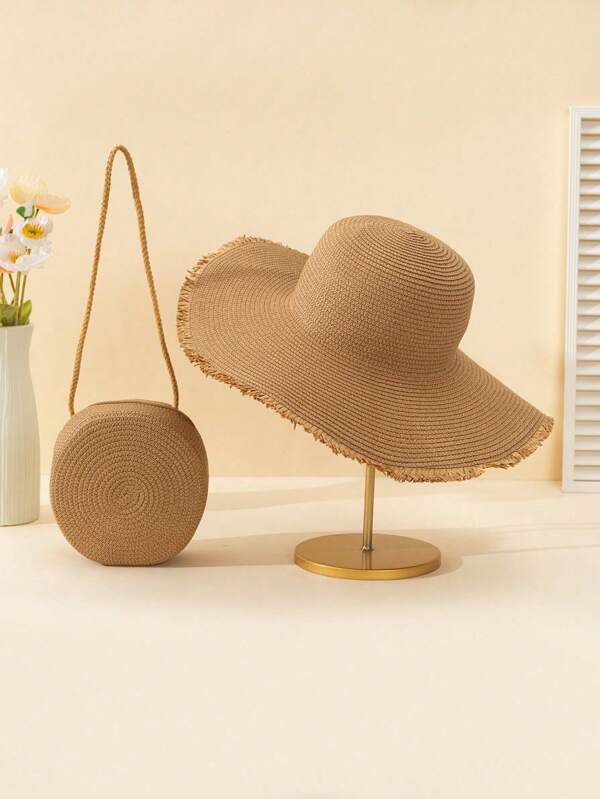 2pcs Women Khaki Wavy Beach Sun Hat & Large Round Straw Crossbody Bag Set, Suitable For Daily, Vacation And Travel