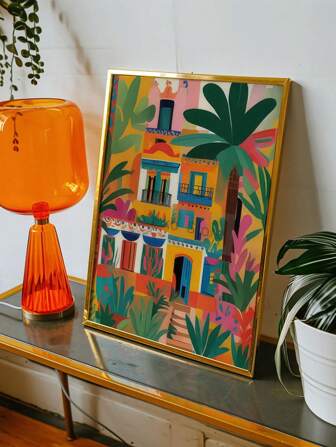 1pc Unframed, Vibrant Mexican Architectural Poster With Colorful Floral And Plant Landscape Canvas Printing, Mural For Home Decoration