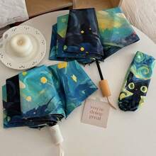 [Van Gogh Inspired, Folding Umbrella] 1pc Black Cat Pattern Folding Umbrella - Van Gogh Inspired, Casual Cute Fashion Style, Manual Open, 8 Ribs, Pongee & Iron Material, Foldable Sunshade With UV Protection