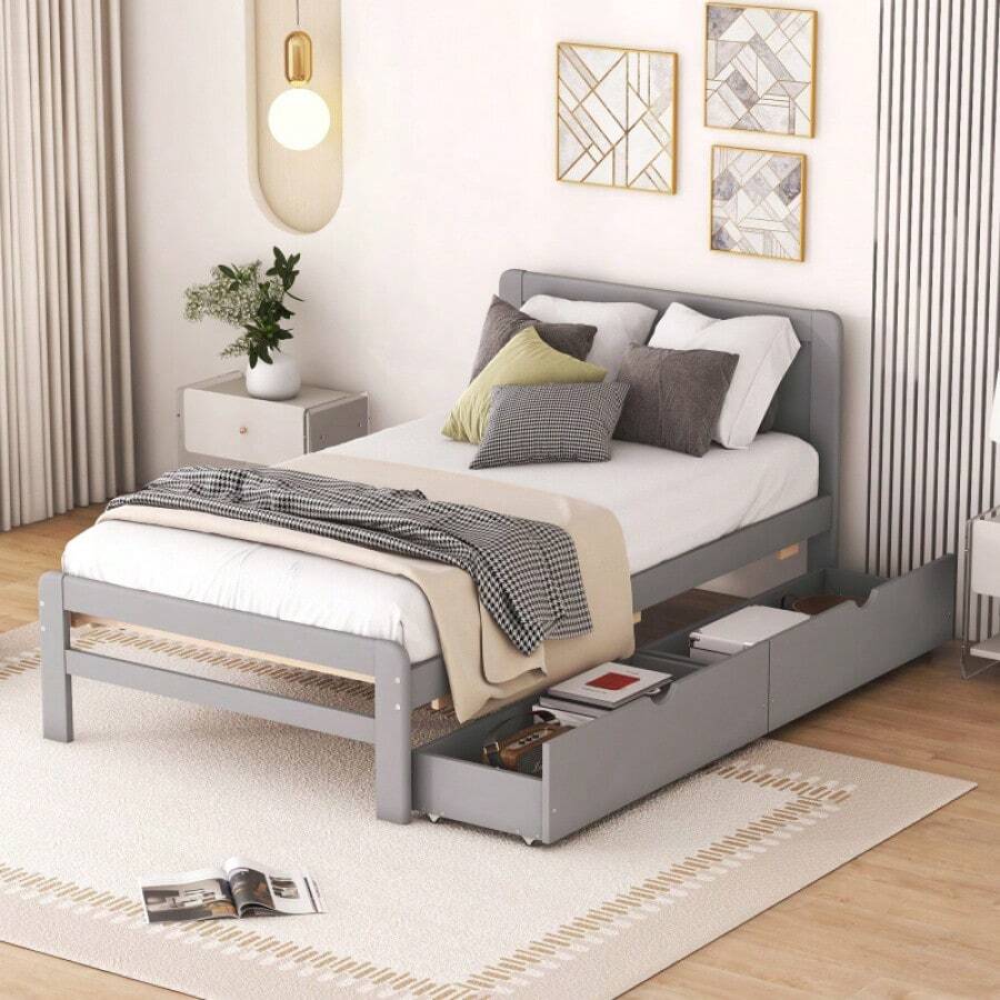 Modern Design Twin Size Platform Bed Frame With Trundle For White Washed Color