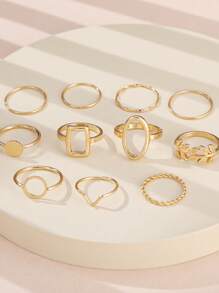 11pcs Geometric Leaf Ring Set, Creative Metal Knuckle Rings Suitable For Women's Daily Wear, Wedding, Party, Holiday, Beach, Great Gift For Girlfriend, Mom, Friends - Gold - View 3