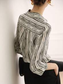 YUXIN 新款春夏秋季女士翻领长袖衬衫，复古港风条纹修身衬衫 - 黑色 - 查看 6