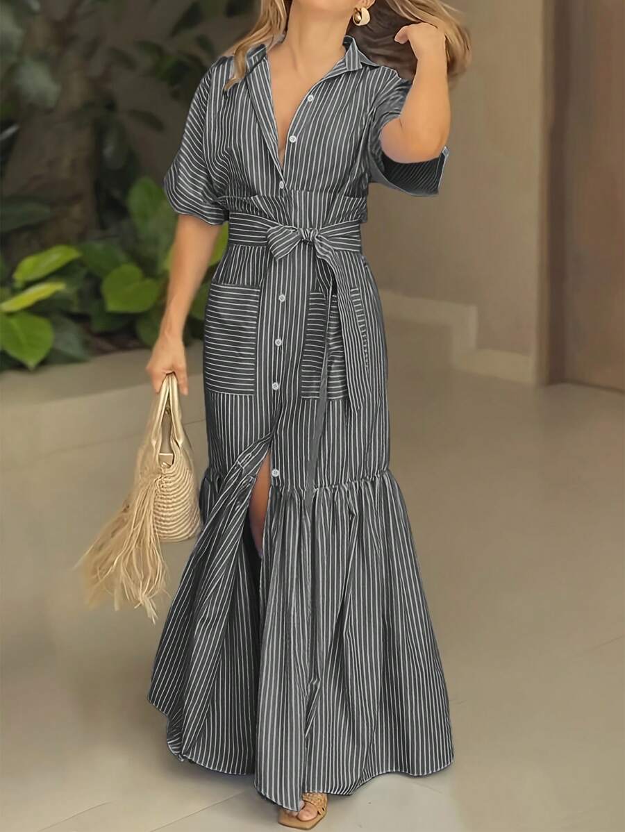 女士夏季休闲风格，时尚优雅，条纹翻领腰带和前开长裙适合毕业装。 - 黑與白 - 查看 1