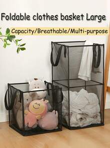 1/2/3pcs Black Mesh Laundry Basket, Foldable Handheld Dirty Clothes Hamper, Large Capacity Multipurpose Home Storage Basket