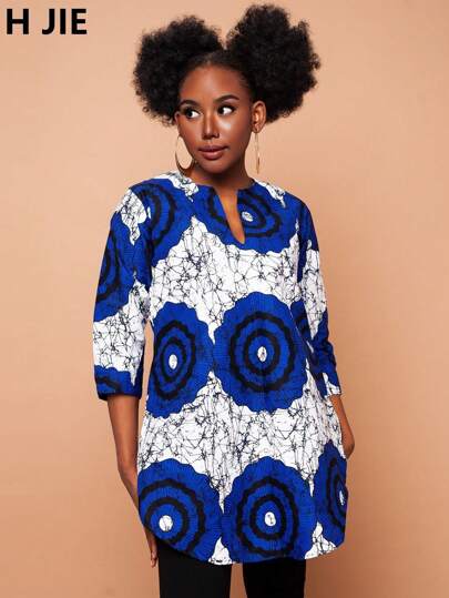 1pc Women Blue & White Allover Print Mid-Length Sleeve Blouse